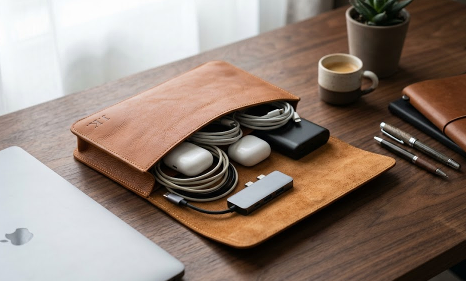 Organizing Tech in Style with a Custom Initial Embossed Leather Tech Pouch