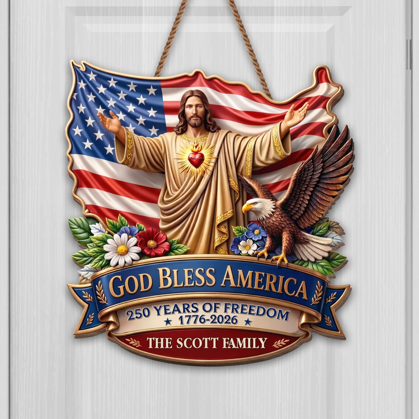 God Bless America 250 Years Of Freedom Jesus And Eagle - Personalized Custom Shaped Wood Sign - INDE079_WSIGN