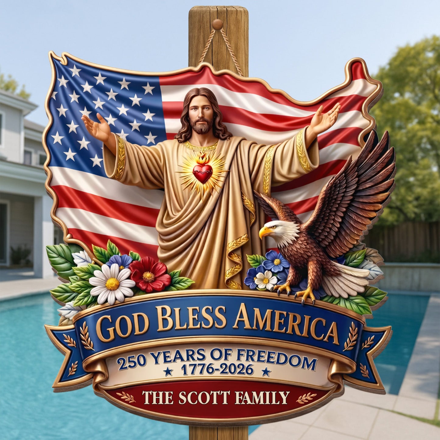 God Bless America 250 Years Of Freedom Jesus And Eagle - Personalized Custom Shaped Wood Sign - INDE079_WSIGN