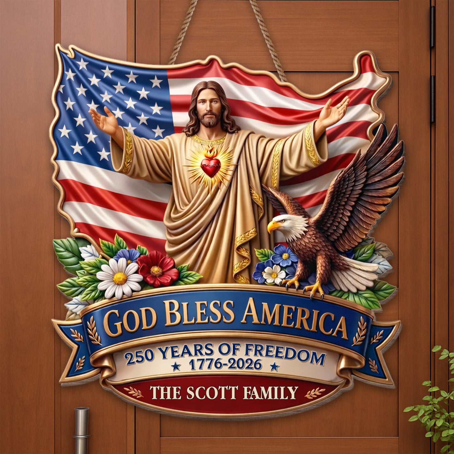 God Bless America 250 Years Of Freedom Jesus And Eagle - Personalized Custom Shaped Wood Sign - INDE079_WSIGN