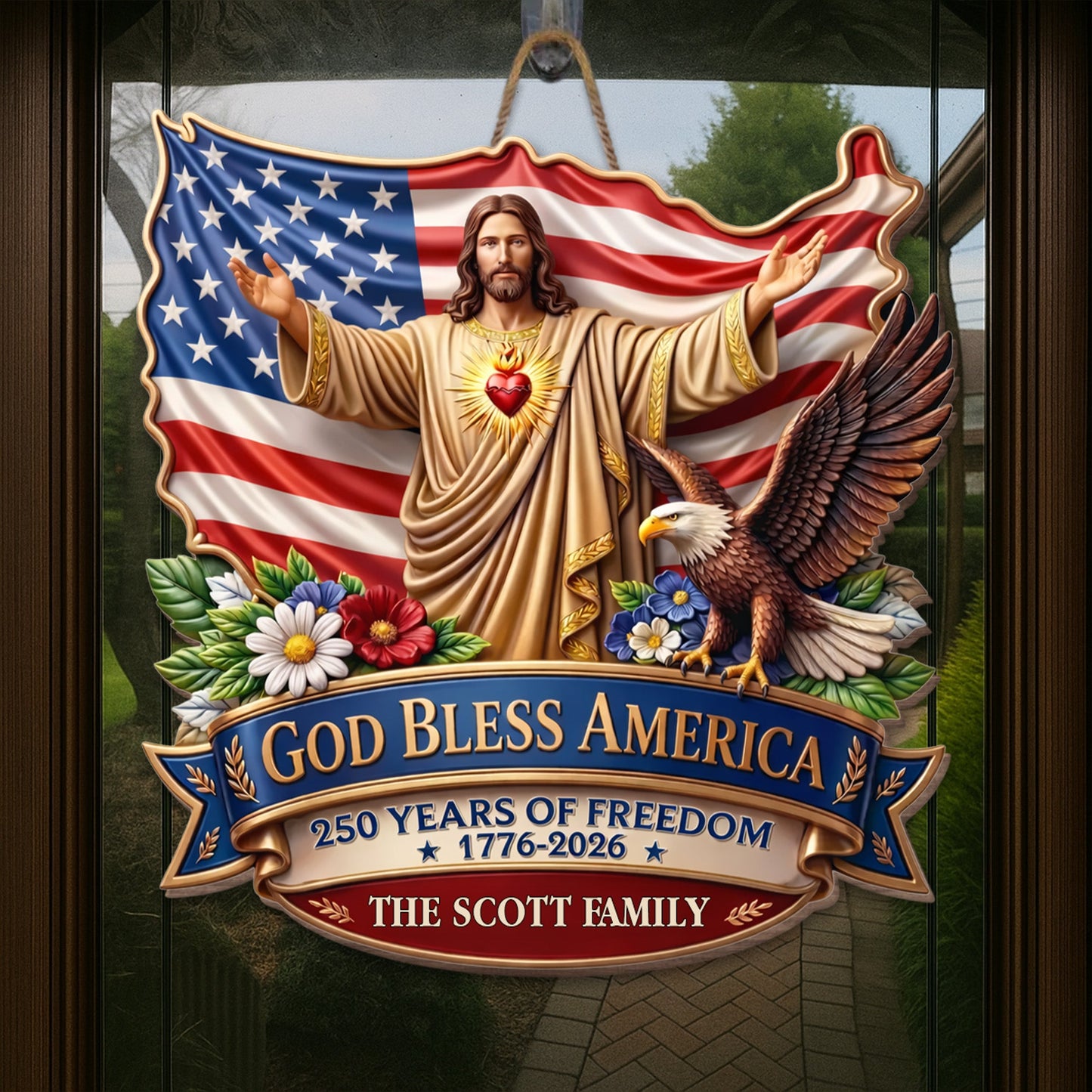 God Bless America 250 Years Of Freedom Jesus And Eagle - Personalized Custom Shaped Wood Sign - INDE079_WSIGN