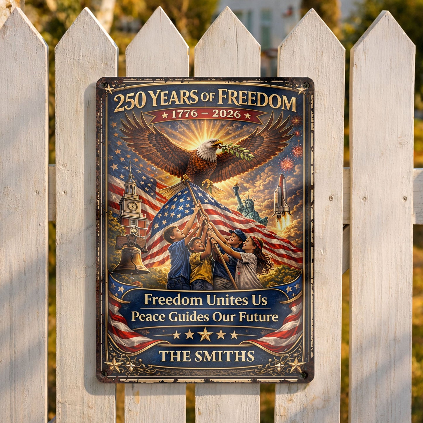 250 Years Of Freedom Unites Us With Eagle And American Flag - Personalized Metal Sign - INDE146_MSIGN