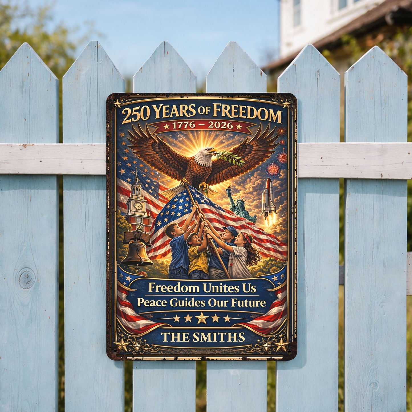 250 Years Of Freedom Unites Us With Eagle And American Flag - Personalized Metal Sign - INDE146_MSIGN