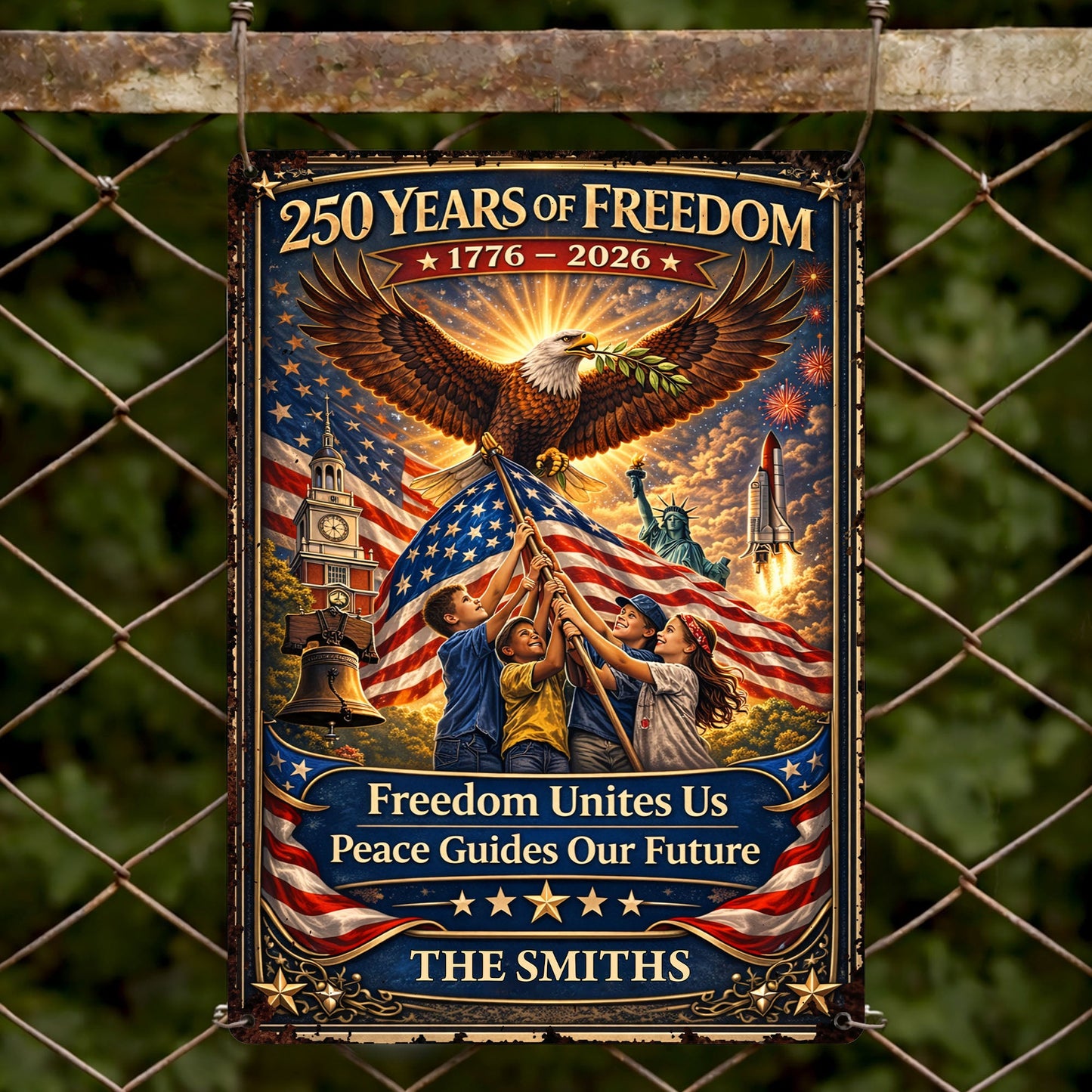 250 Years Of Freedom Unites Us With Eagle And American Flag - Personalized Metal Sign - INDE146_MSIGN