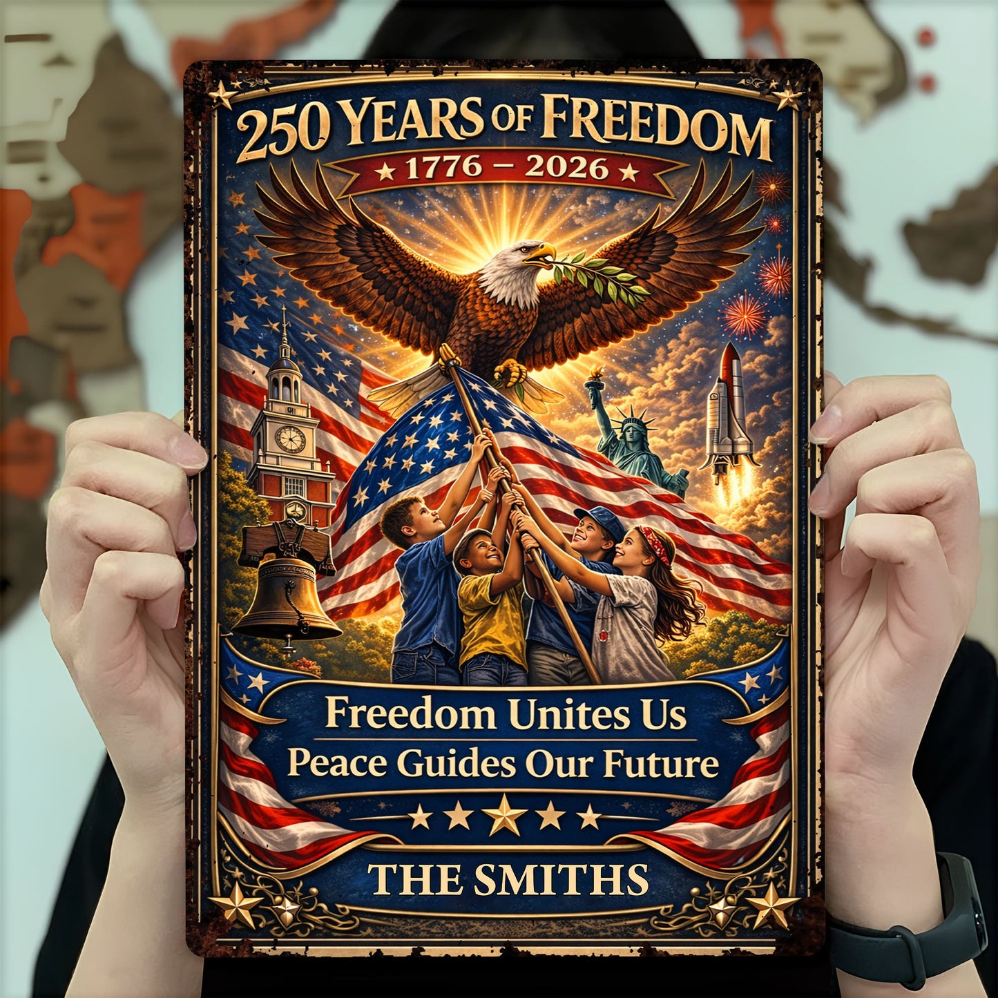 250 Years Of Freedom Unites Us With Eagle And American Flag - Personalized Metal Sign - INDE146_MSIGN