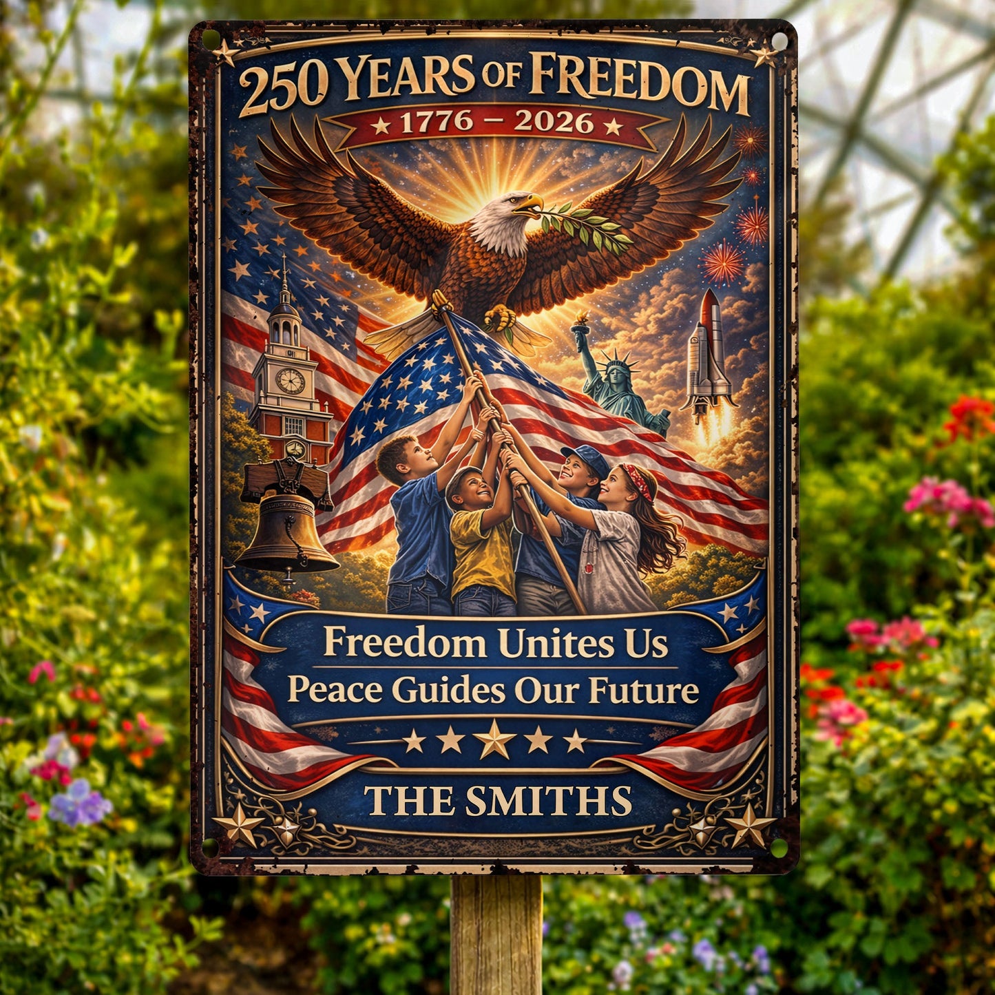 250 Years Of Freedom Unites Us With Eagle And American Flag - Personalized Metal Sign - INDE146_MSIGN