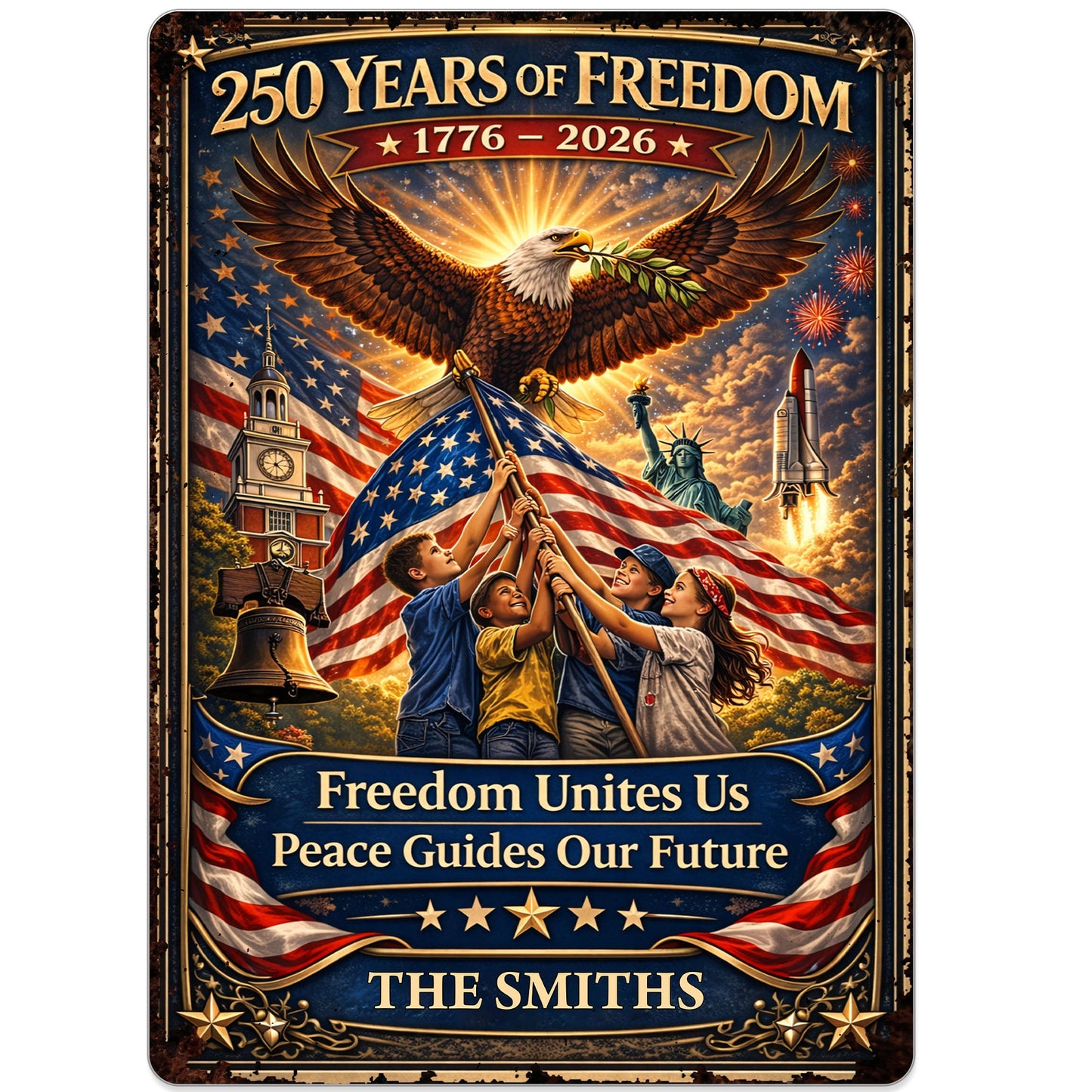 250 Years Of Freedom Unites Us With Eagle And American Flag - Personalized Metal Sign - INDE146_MSIGN