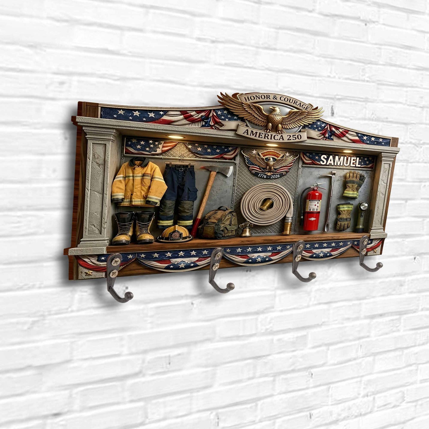 Honor & Courage America 250 Firefighter Gear 3D Effect With Eagle - Personalized Key Holder - INDE218_KHO