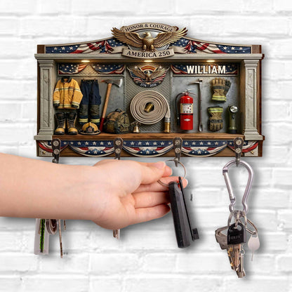 Honor & Courage America 250 Firefighter Gear 3D Effect With Eagle - Personalized Key Holder - INDE218_KHO