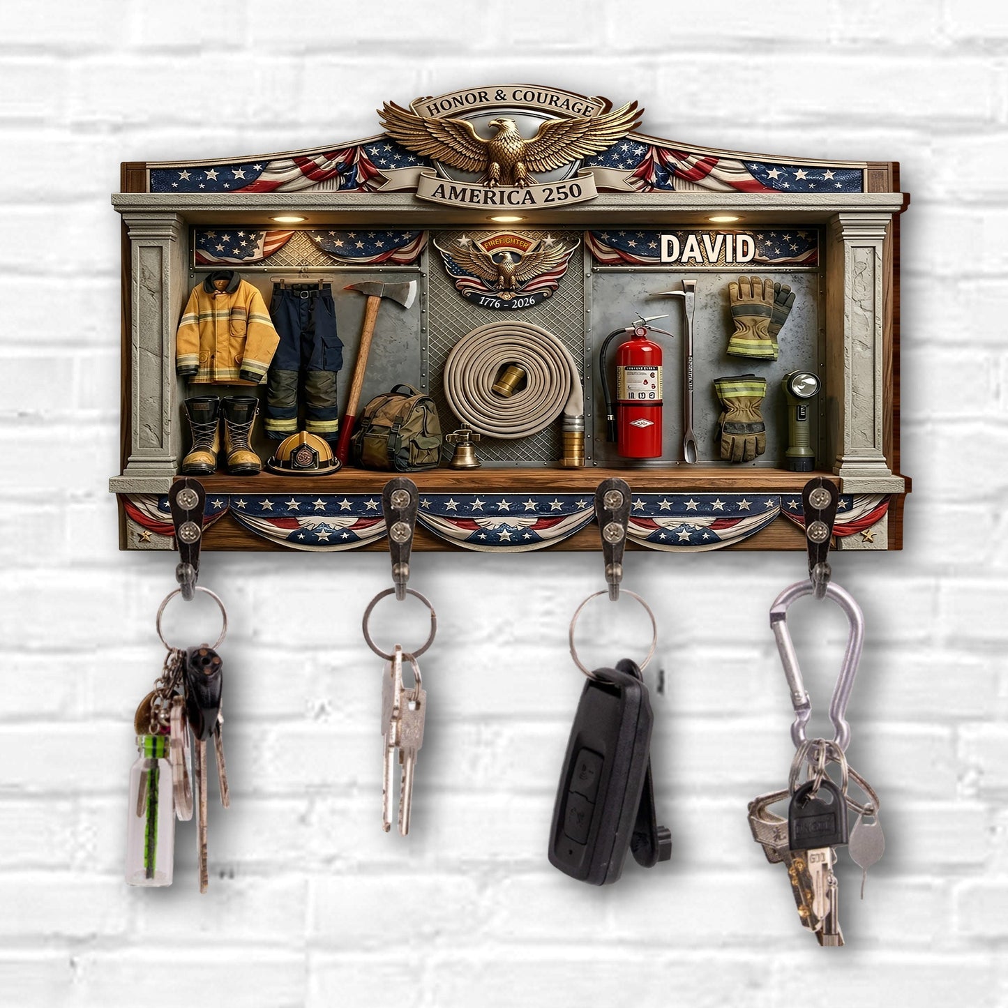 Honor & Courage America 250 Firefighter Gear 3D Effect With Eagle - Personalized Key Holder - INDE218_KHO