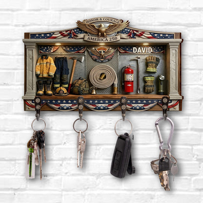 Honor & Courage America 250 Firefighter Gear 3D Effect With Eagle - Personalized Key Holder - INDE218_KHO