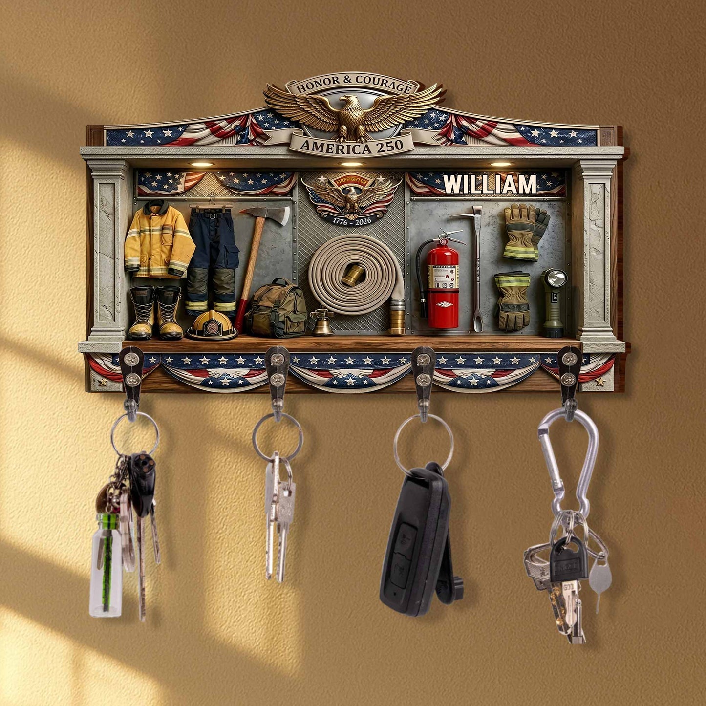 Honor & Courage America 250 Firefighter Gear 3D Effect With Eagle - Personalized Key Holder - INDE218_KHO