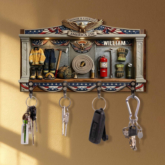 Honor & Courage America 250 Firefighter Gear 3D Effect With Eagle - Personalized Key Holder - INDE218_KHO