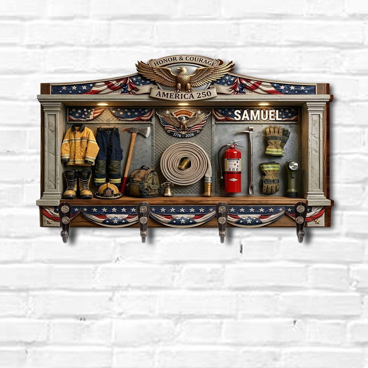 Honor & Courage America 250 Firefighter Gear 3D Effect With Eagle - Personalized Key Holder - INDE218_KHO